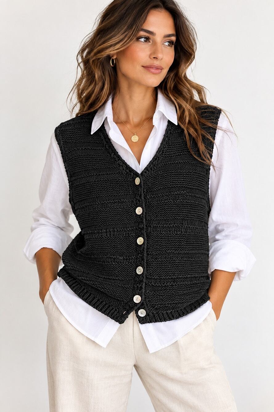 Hollington Black Ramie Cotton Knit Sweater Vest Button Front Large
